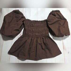 Vine & Love Boutique Brown Puff Sleeve Off Shoulder Top Size Small NWOT